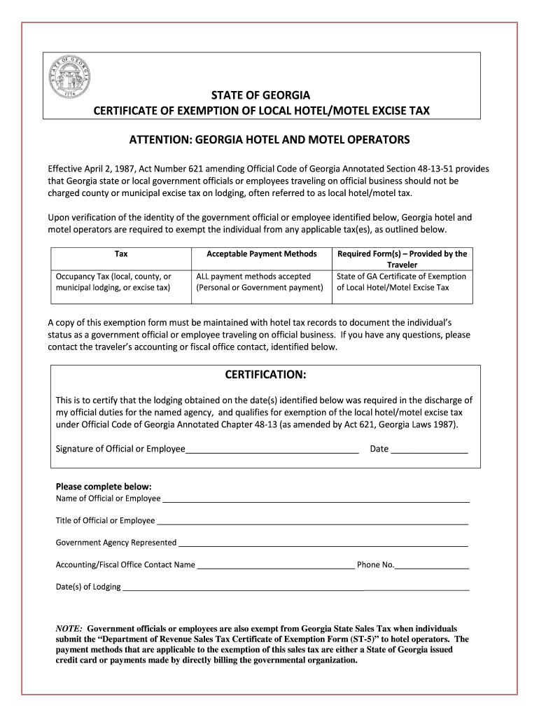 1987 Form GA Certificate Of Exemption Of Local Hotel Motel Excise Tax 