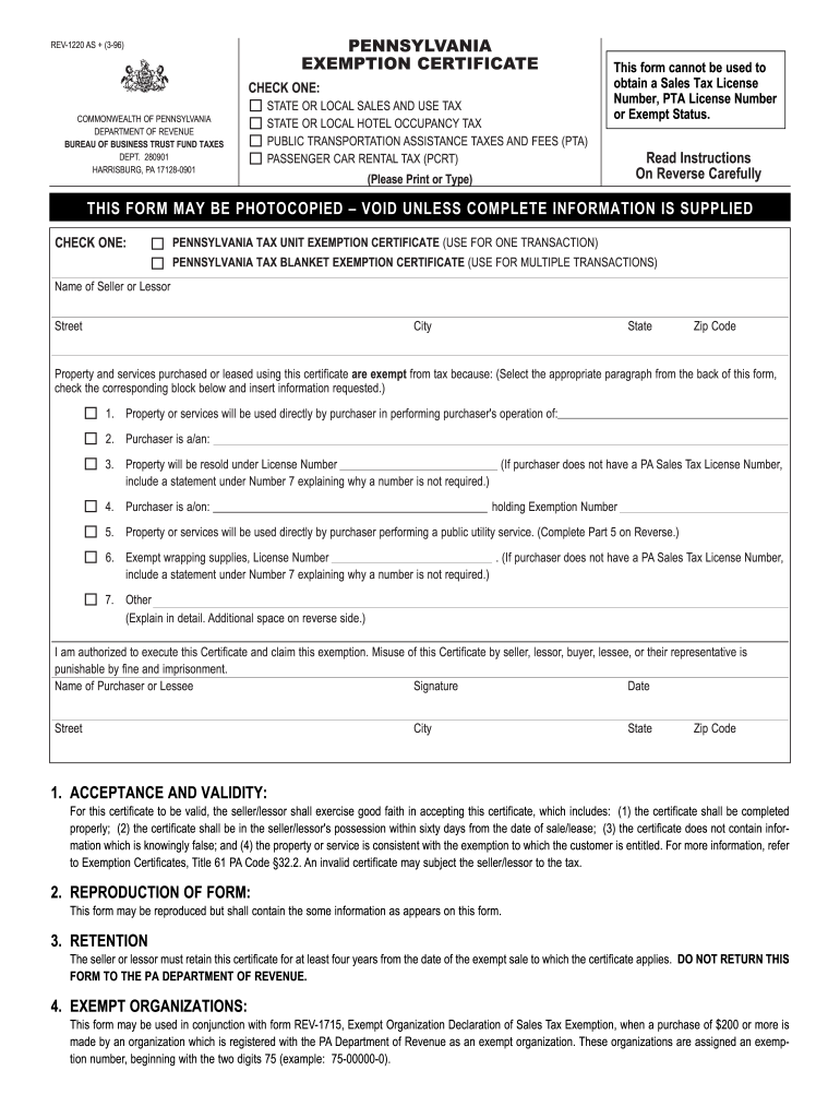 1996 Form PA DoR REV 1220 AS Fill Online Printable Fillable Blank 