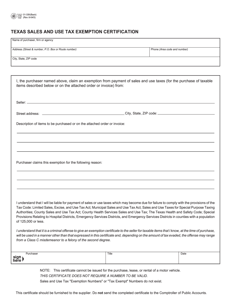 2005 Form TX Comptroller 01 339 Fill Online Printable Fillable Blank