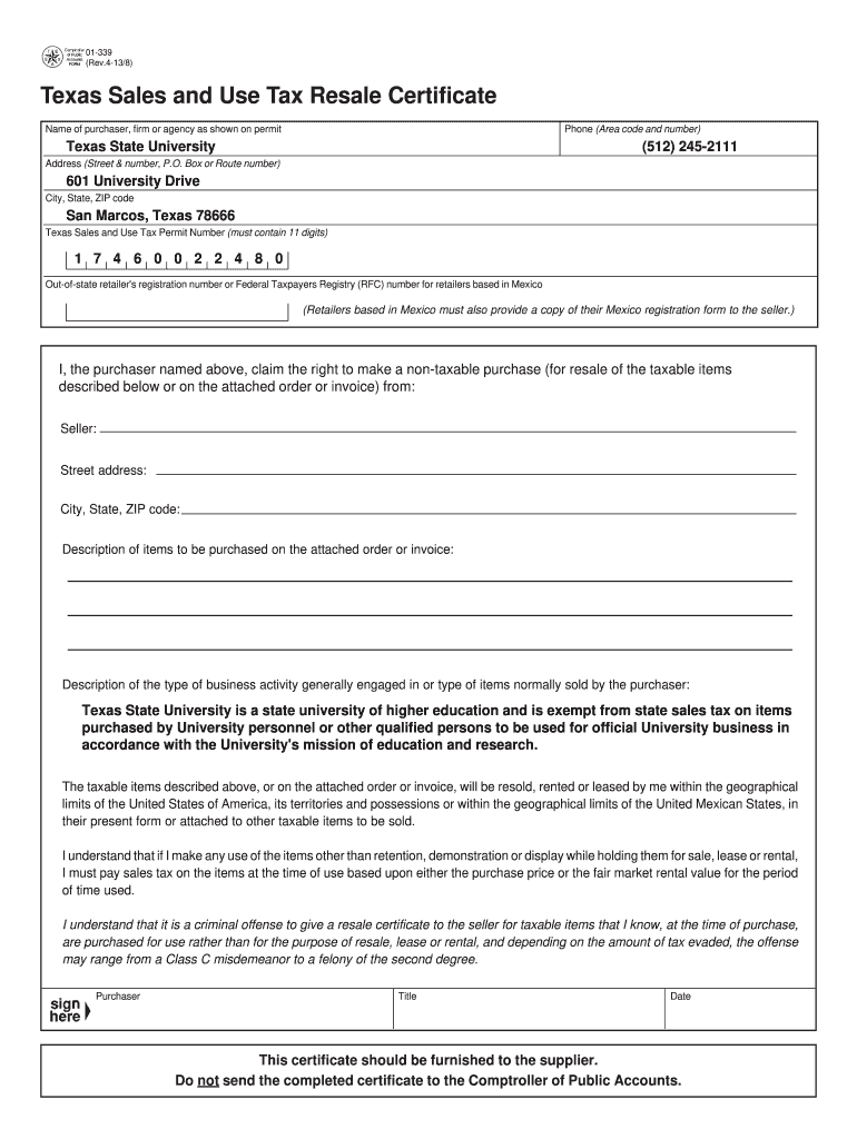 2008 Form TX Comptroller 01 339 Fill Online Printable Fillable Blank 