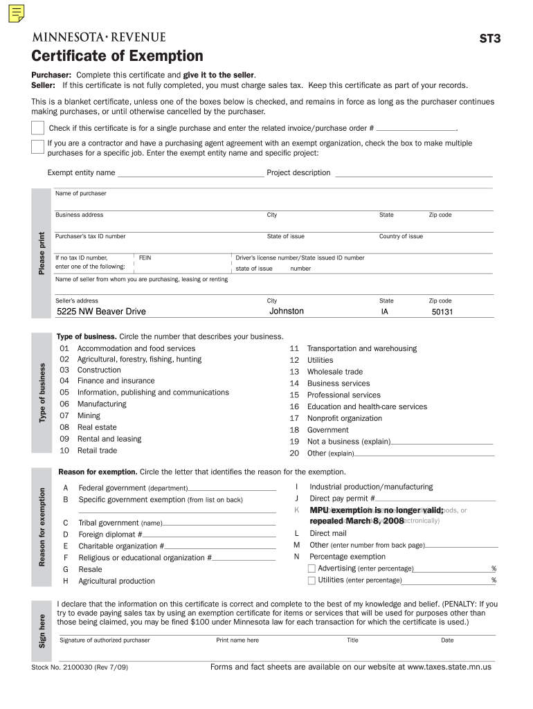 2009 Form MN DoR ST3 Fill Online Printable Fillable Blank PdfFiller