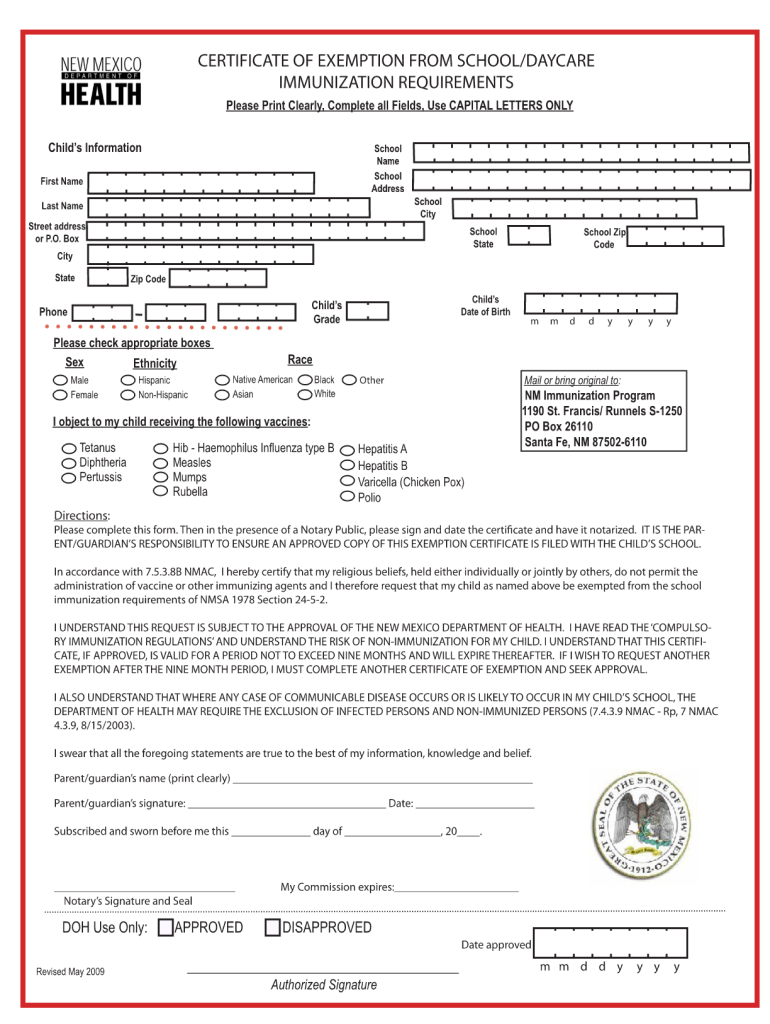 2009 Form NM Certificate Of Exemption From School Daycare Immunization 