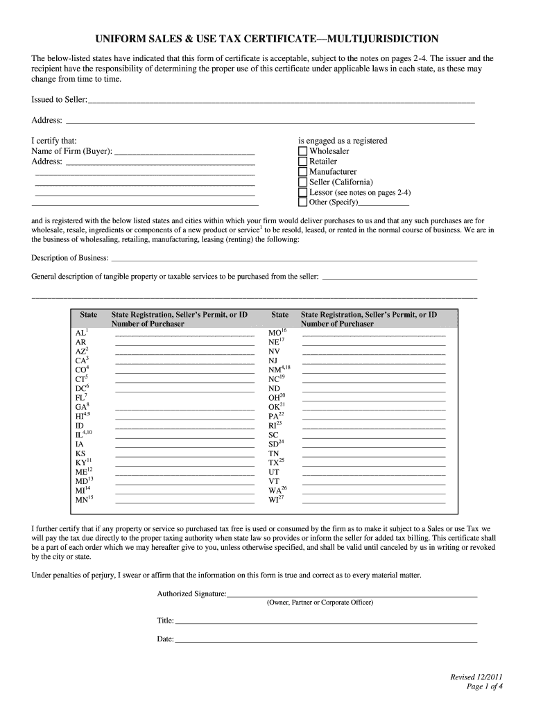 2011 MTC Uniform Sales Use Tax Certificate Multijurisdiction Fill 