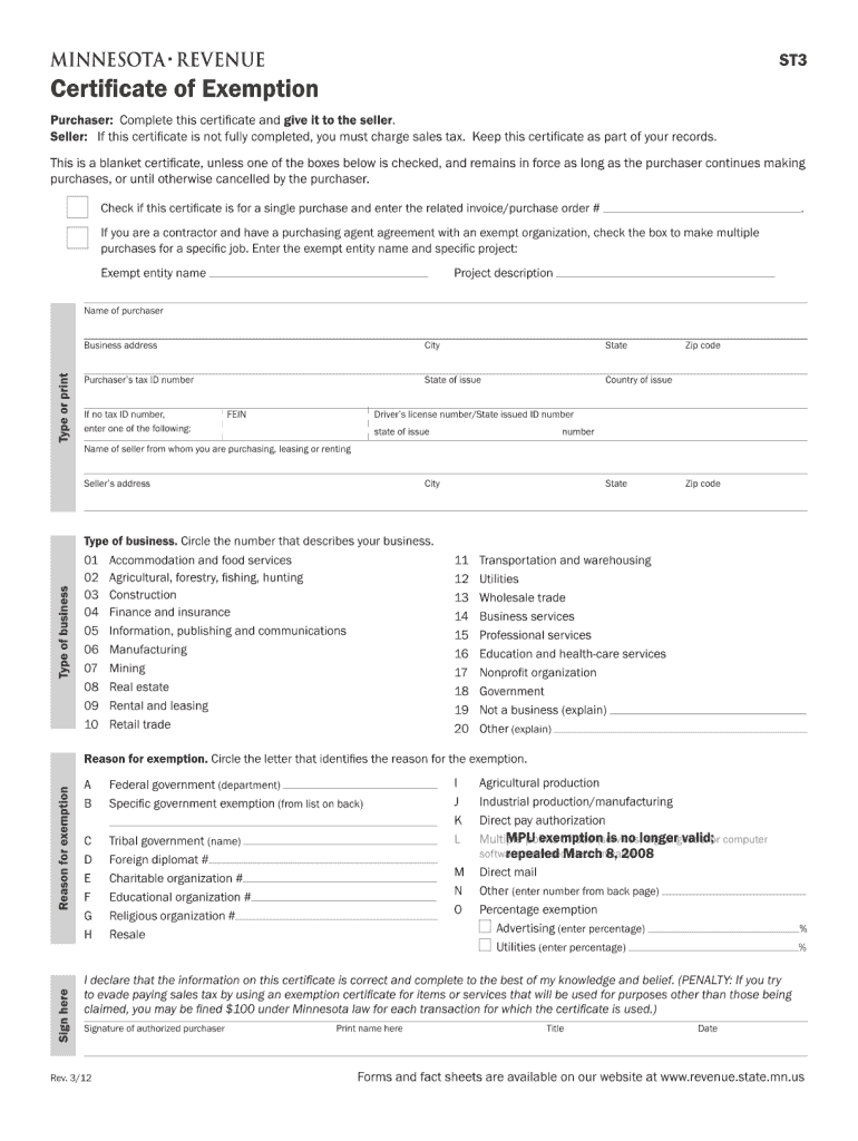 2012 Form MN DoR ST3 Fill Online Printable Fillable Blank PdfFiller