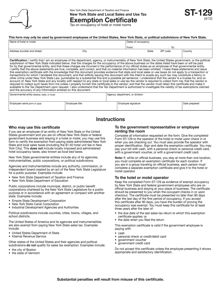 2012 Form NY DTF ST 129 Fill Online Printable Fillable Blank PdfFiller