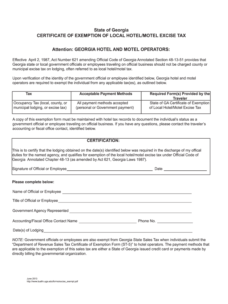 2013 2021 Form GA Certificate Of Exemption Of Local Hotel Motel Excise 