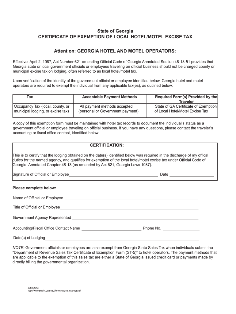 2013 2021 Form GA Certificate Of Exemption Of Local Hotel Motel Excise