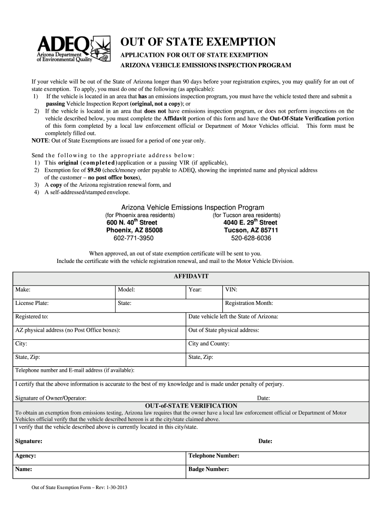 2013 AZ ADEQ Out Of State Exemption Form Fill Online Printable 