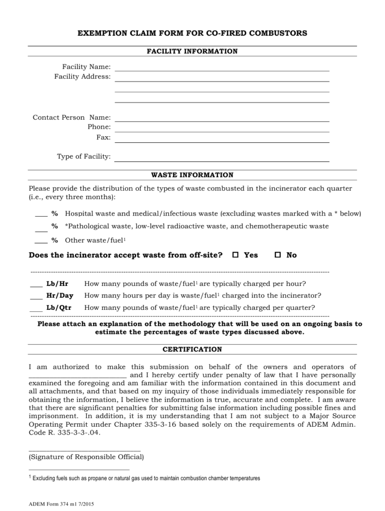 ADEM Form 374 Download Printable PDF Or Fill Online Exemption Claim 
