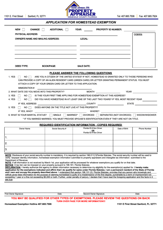 Application For Homestead Exemption Form Seminole County Property