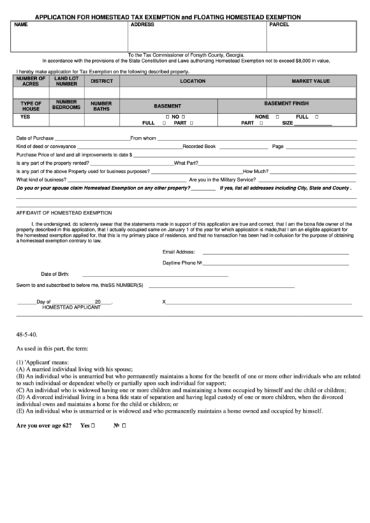 Application For Homestead Tax Exemption And Floating Homestead 