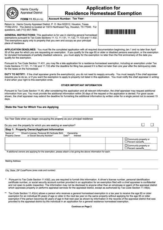 Application For Residence Homestead Exemption Harris County Appraisal 
