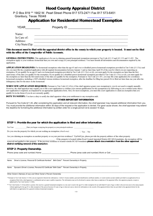 Application For Residential Homestead Exemption Hood County Appraisal 