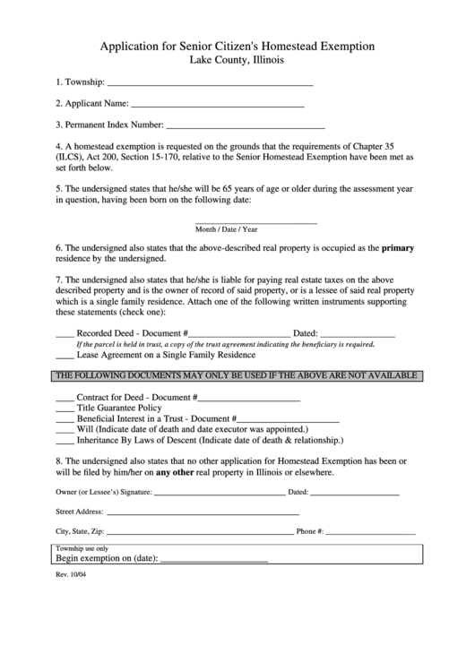 Application For Senior Citizen S Homestead Exemption Lake County 