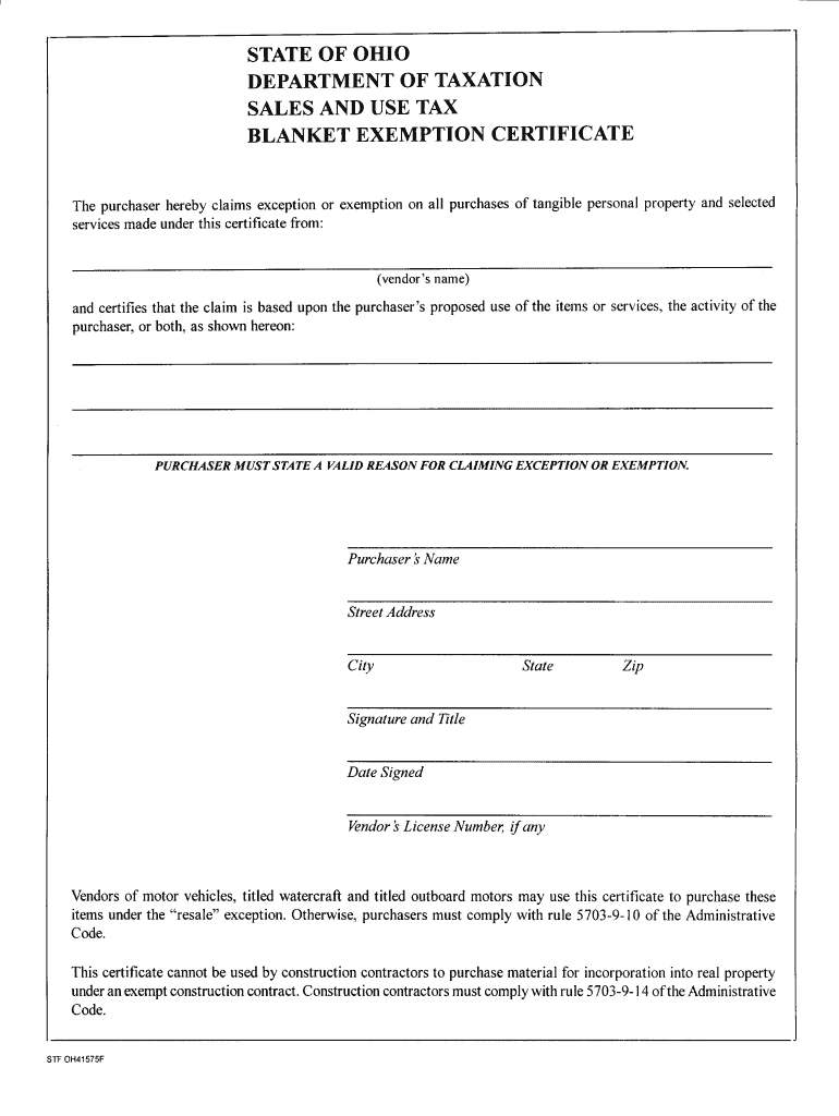Blanket Certificate Of Exemption Ohio Fill Online Printable Fillable 