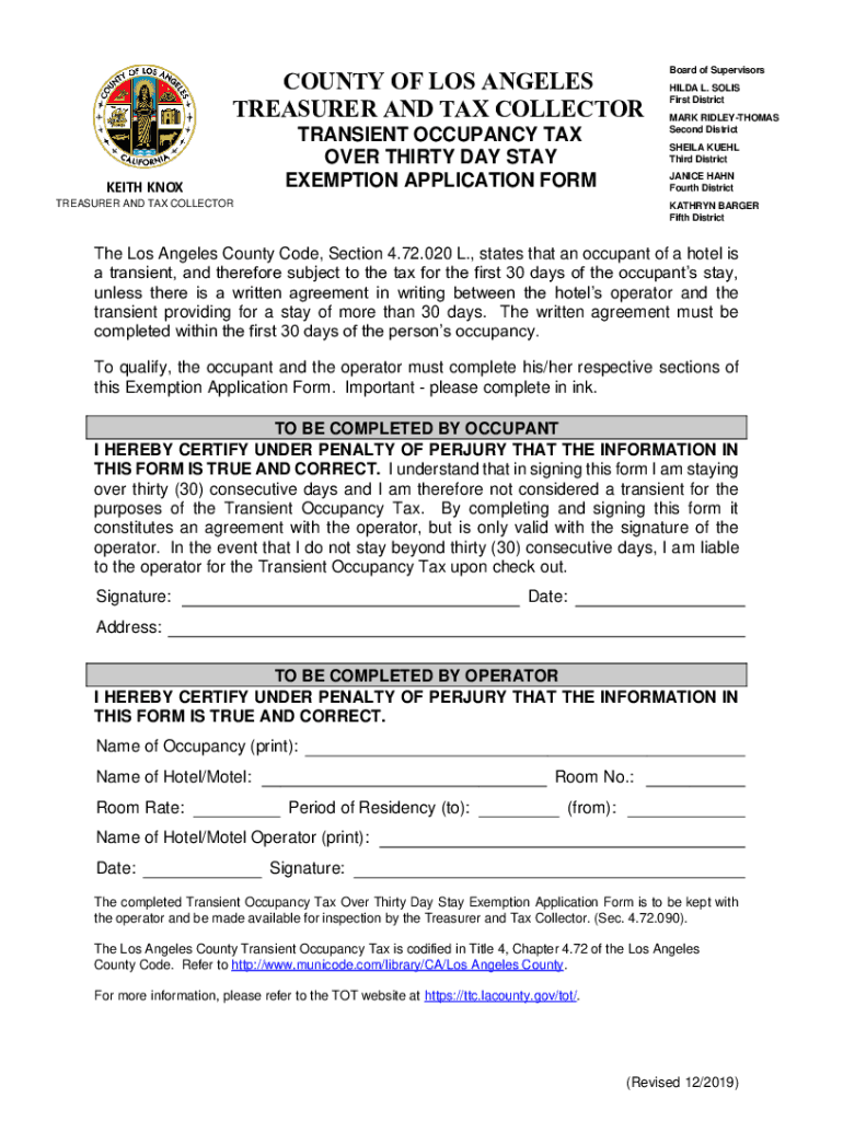 CA Transient Occupancy Tax Over Thirty Day Stay Exemption Application 