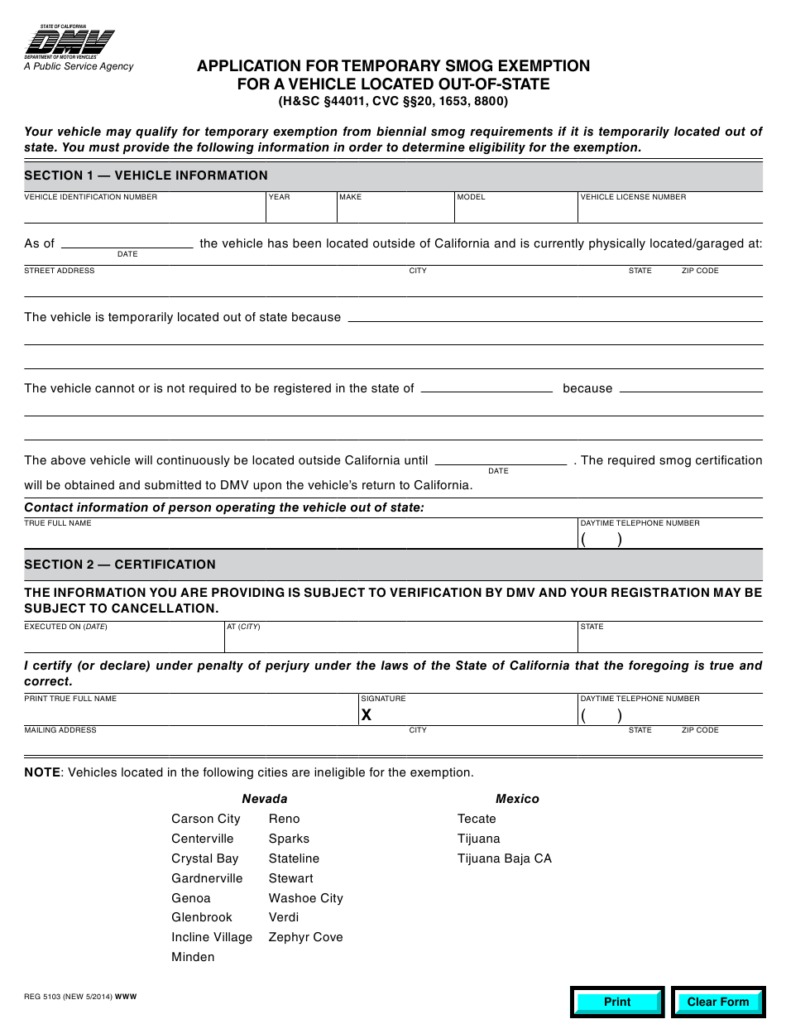 California Application For Temporary Smog Exemption For A Vehicle 