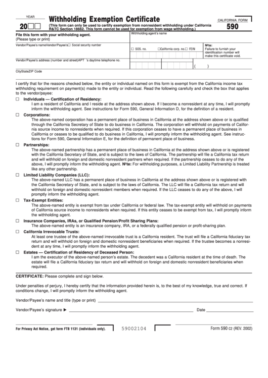 California Form 590 C2 Withholding Exemption Certificate 2002 