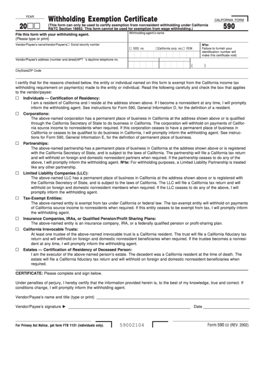 California Form 590 C2 Withholding Exemption Certificate 2002