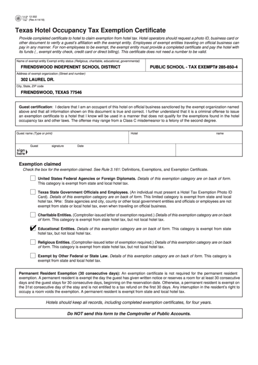 California Tax Exempt Form For Hotel