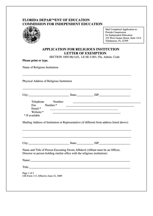 Cie Form 113 Application For Religious Institution Letter Of