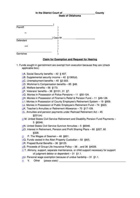 Claim For Exemption And Request For Hearing Printable Pdf Download