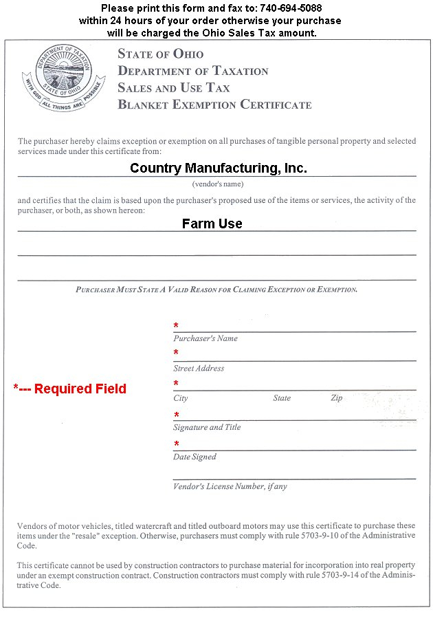 CMI Ohio Tax Exemption Form Faxable