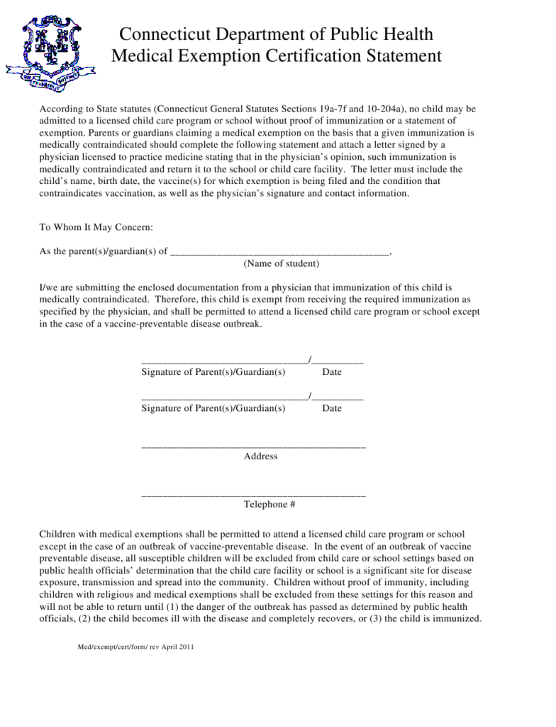 Connecticut Medical Exemption Certification Statement Download 