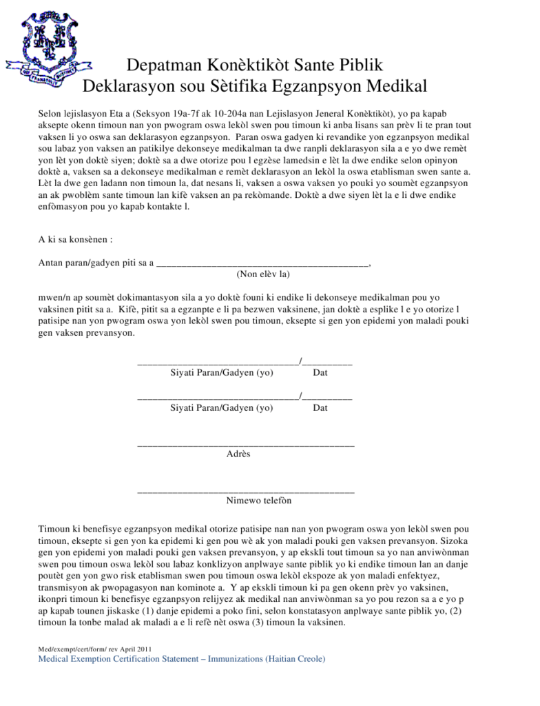 Connecticut Medical Exemption Certification Statement Form 