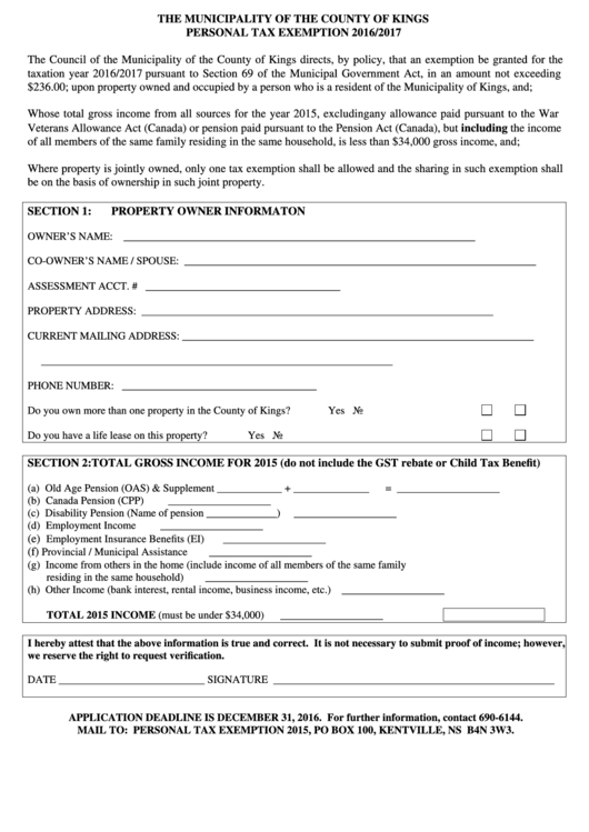 County Of Kings Personal Tax Exemption Form 2016 2017 Printable Pdf 