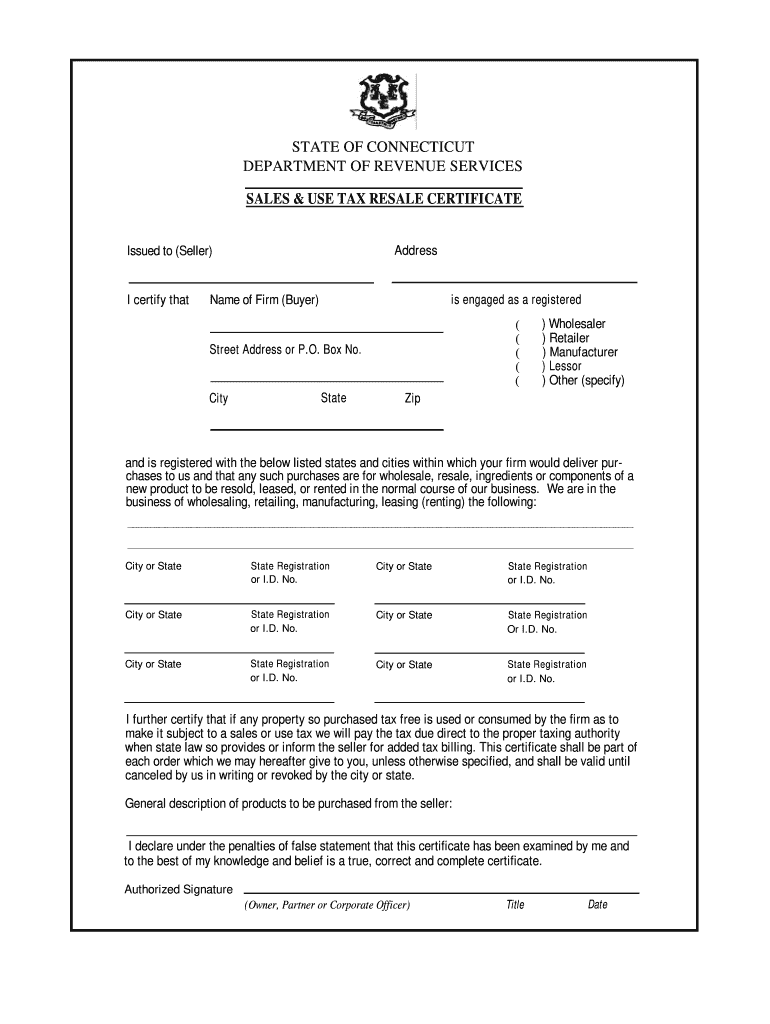 CT Sales Use Tax Resale Cerfiticate Fill Out Tax Template Online 