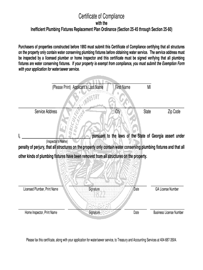 Dekalb County Water Certificate Of Compliance Fill Out And Sign 