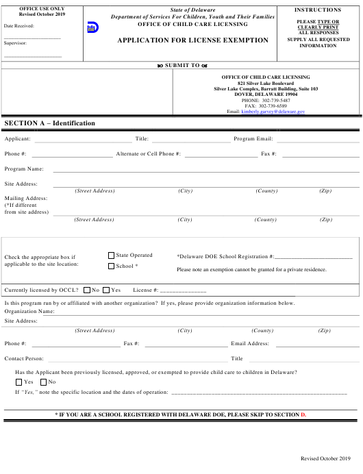 Delaware Application For License Exemption Download Printable PDF 