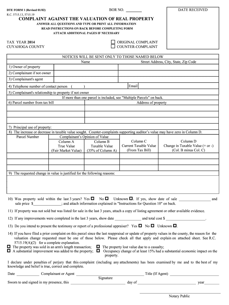 DTE FORM 1 Revised 496 BOR NO Cuyahoga County Board Of Bor 