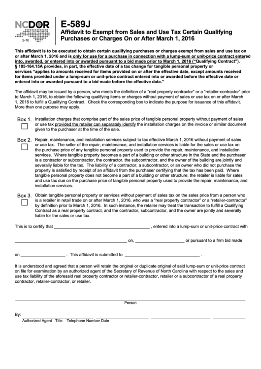 E589j North Carolina Department Of Revenue Affidavit To Exempt From 