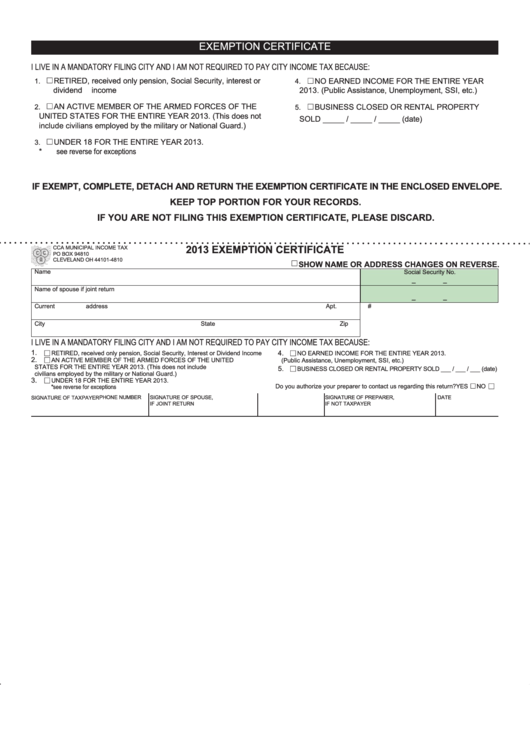 Exemption Certificate Form Division Of Taxation 2013 Printable Pdf 