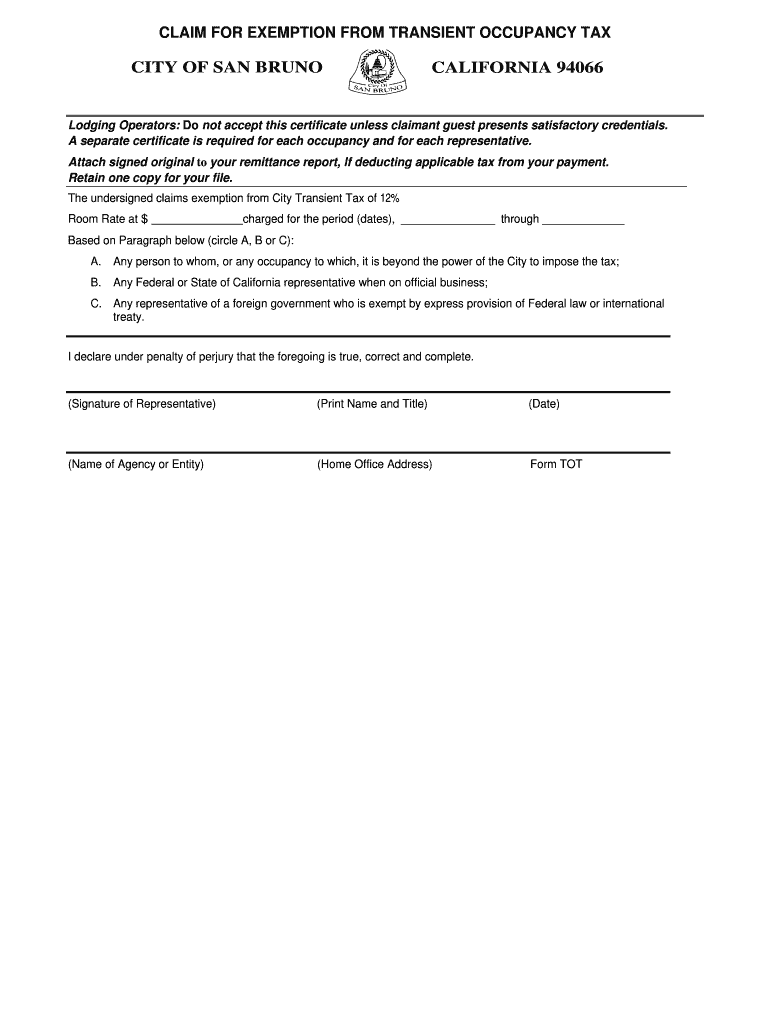 Exemption Form City Of San Bruno State Of California Sanbruno Ca Fill 