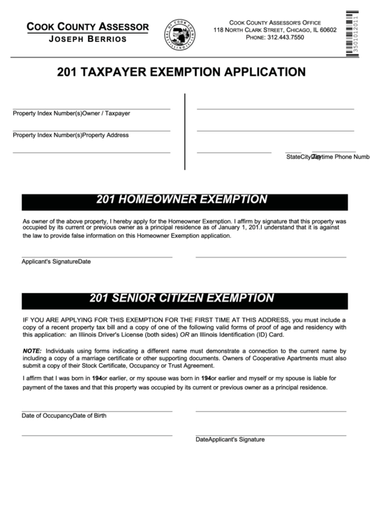 Fillable 201 Taxpayer Exemption Application Cook County Assessor 