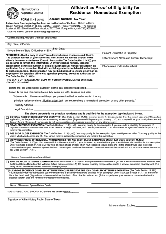 Fillable Affidavit As Proof Of Eligibility For Residence Homestead 
