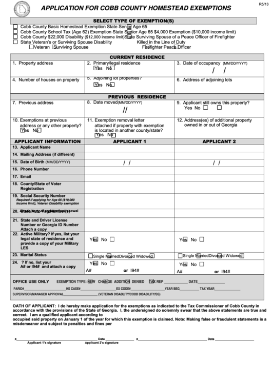 Fillable Application For Cobb County Homestead Exemptions Printable Pdf 