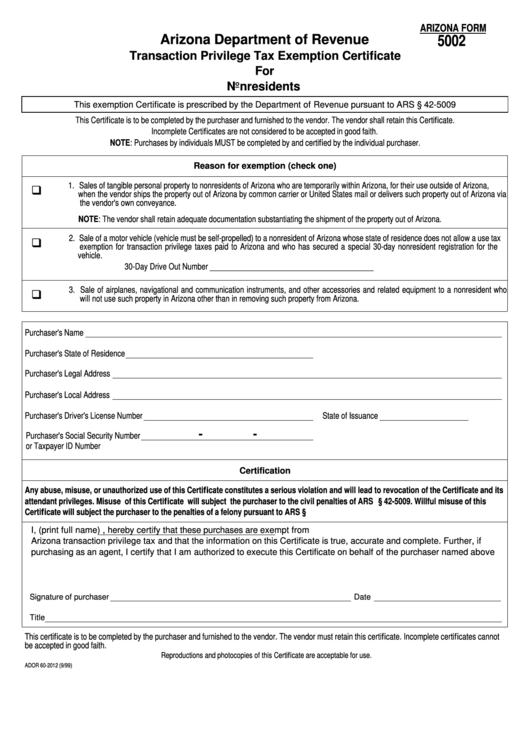 Fillable Arizona Form 5002 Transaction Privilege Tax Exemption 