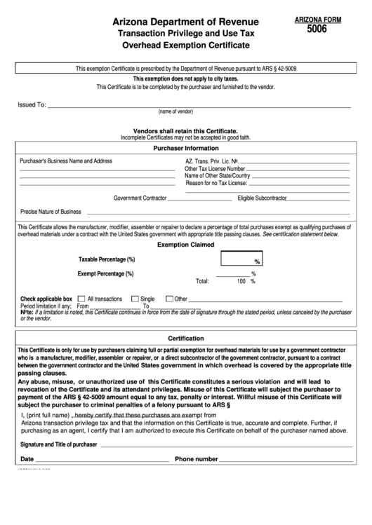 Fillable Arizona Form 5006 Transaction Privilege And Use Tax Overhead 