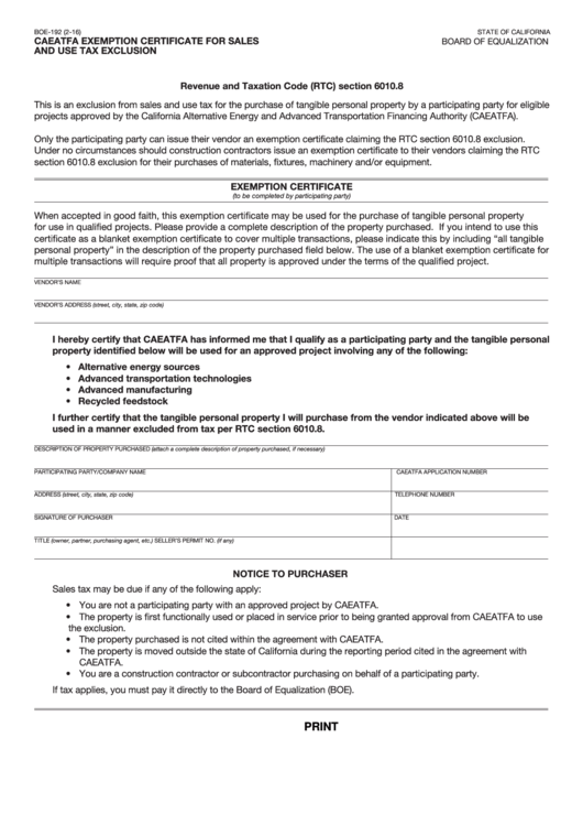 Fillable Caeatfa Exemption Certificate For Sales And Use Tax Exclusion 