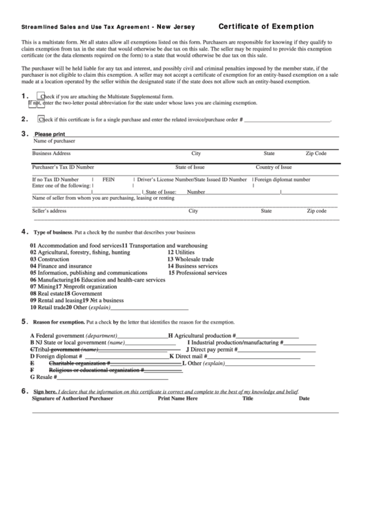 Fillable Certificate Of Exemption Streamlined Sales And Use Tax 