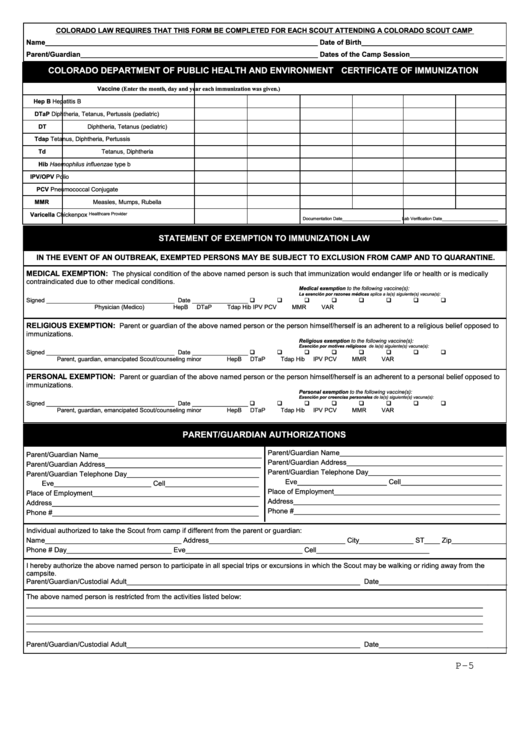 Fillable Certificate Of Immunization Form Colorado Department Of 