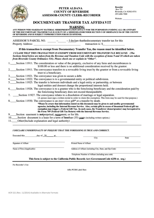 Fillable Documentary Transfer Tax Affidavit Form County Of Riverside 