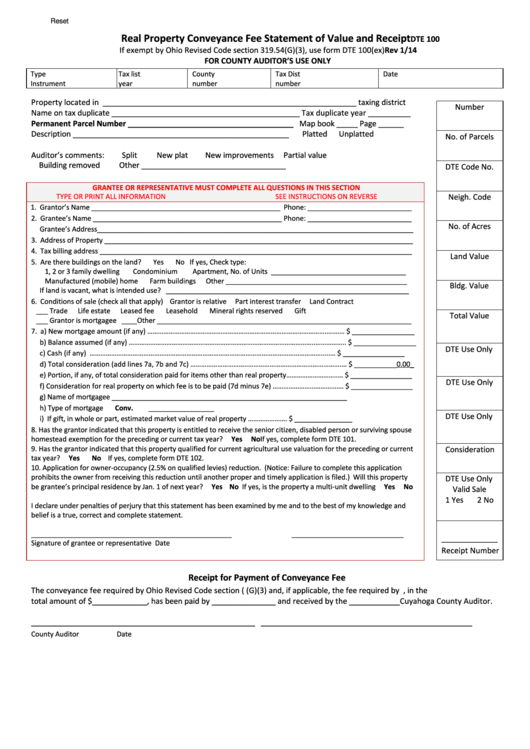 Fillable Dte Form 100 Real Property Conveyance Fee Statement Of Value 