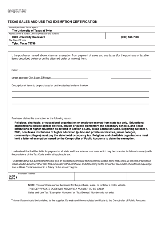 Fillable Form 01 339 Back Texas Sales And Use Tax Exemption 