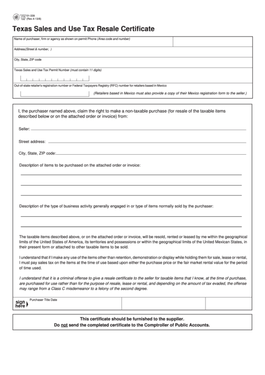 Fillable Form 01 339 Texas Sales And Use Tax Resale Certificate 