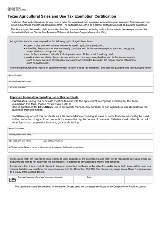 Fillable Form 01 924 Texas Agricultural Sales And Use Tax Exemption 